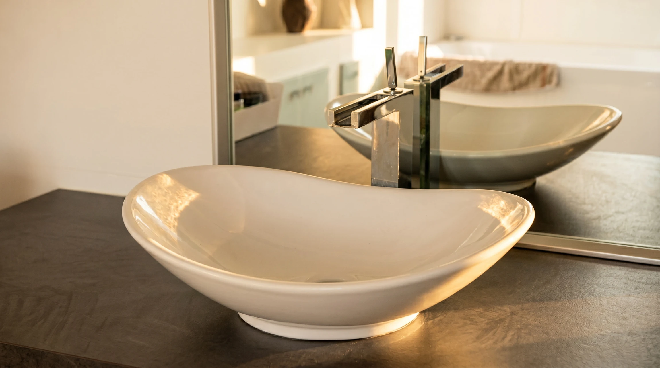 Salle de bain moderne et épurée, vasque à poser ovale en céramique blanche brillante sur plan de travail en pierre sombre