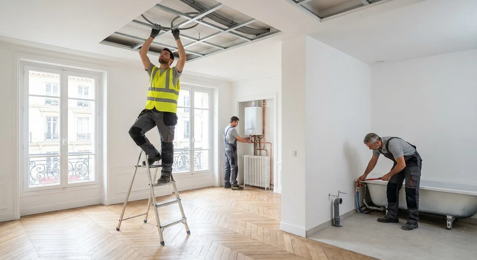 Photographie réaliste d'un chantier de rénovation montrant un intérieur avec plusieurs installations visibles : un électricien en haut d'une escabeau installant des gaines électriques dans un plafond suspendu, tandis qu'en arrière-plan un installateur en équipement professionnel ajuste une tuyauterie de chauffage et un plombier travaille sur les raccords sanitaires près d'une baignoire. Les trois professionnels vêtus de tenues de travail respectives (gilet de sécurité, uniforme professionnel) coordonnent leurs interventions sur le même espace. La scène doit transmettre une impression d'harmonie, d'organisation et de professionnalisme avec plusieurs métiers du bâtiment travaillant ensemble.