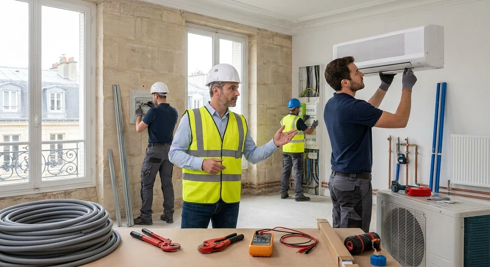 Photographie professionnelle d'un chantier de rénovation thermique montrant un professionnel en équipement de travail coordonnant plusieurs interventions simultanées : un installateur travaillant sur une unité intérieure de pompe à chaleur air/air, avec en arrière-plan visible d'autres professionnels intervenant sur les éléments électriques et de chauffage. La scène doit montrer la cohésion du travail collectif, l'organisation logistique avec matériel et équipements des différents corps de métier visibles (outils électricien, matériel chauffage, éléments climatisation), et transmettre l'impression d'une conduite de chantier unifiée et efficace sans confusion. Qualité photographie réaliste professionnelle.