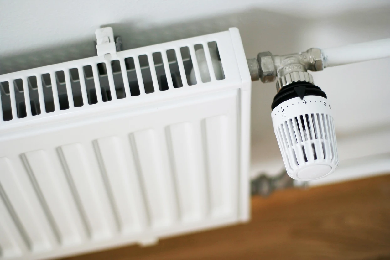 Intérieur résidentiel avec radiateur blanc à panneaux verticaux équipé d'une vanne thermostatique