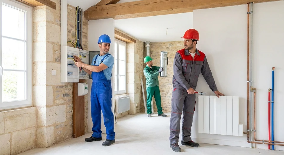 Photographie d'un chantier en intérieur montrant plusieurs professionnels en tenue de travail (casques, tenues de couleurs différentes selon les spécialités) collaborant harmonieusement dans un espace de rénovation ou construction : un électricien intervenant sur un panneau électrique, un chauffagiste/plombier travaillant sur une installation de radiateur ou pompe à chaleur, et un autre technicien visible en arrière-plan, tous occupés à des tâches complémentaires. L'image doit transmettre l'idée de coordination, de complémentarité des savoir-faire et de travail d'équipe multi-spécialités sur un même projet.