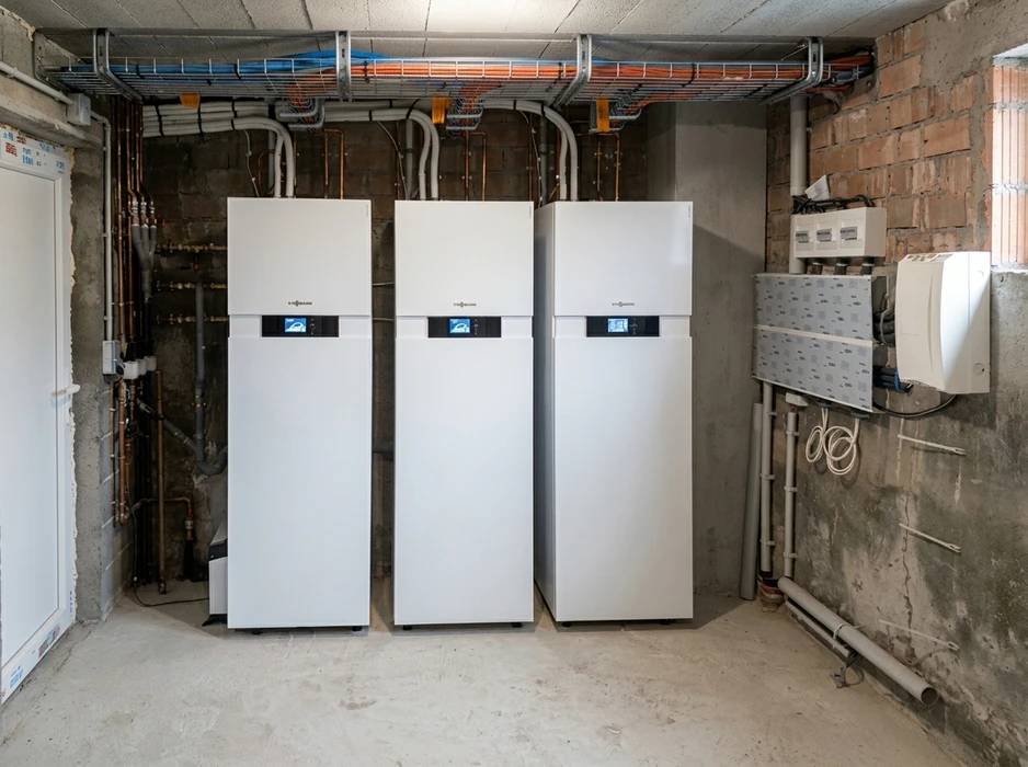 Salle technique en sous-sol, trois pompes &agrave; chaleur g&eacute;othermiques **Viessmann Vitocal** install&eacute;es en cascade