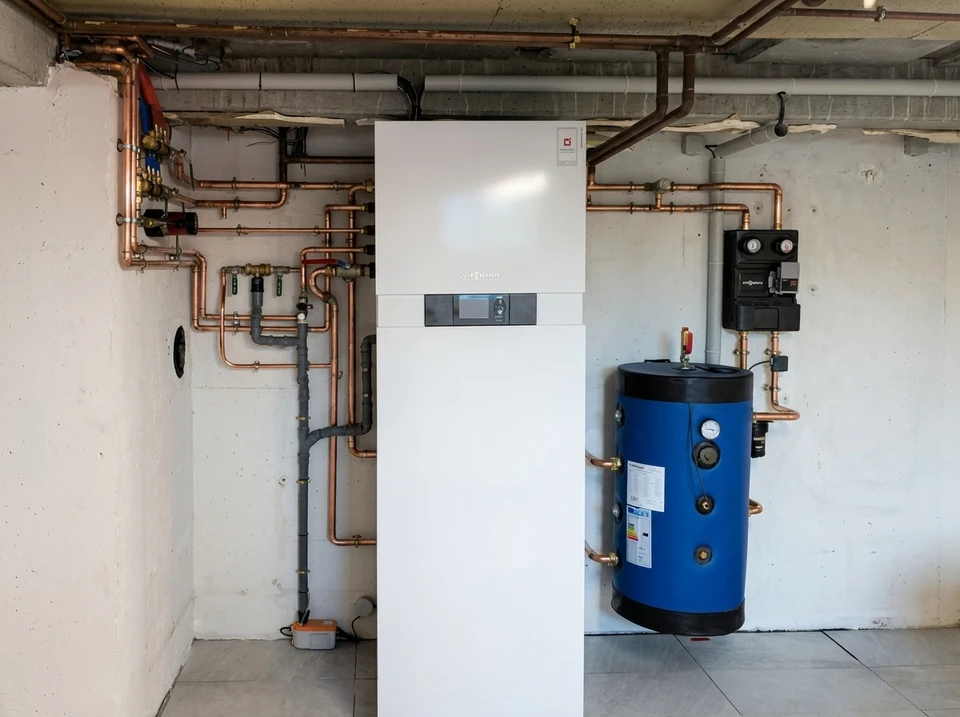 Intérieur minimaliste avec chauffe-eau électrique mural blanc installé sur mur gris clair