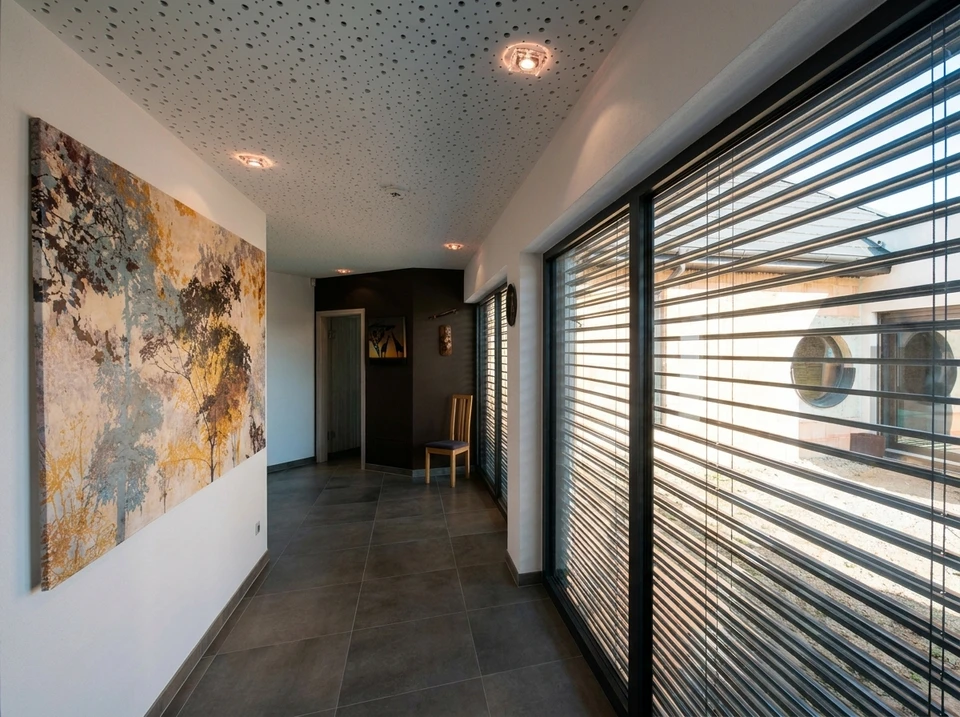 Unit&eacute; ext&eacute;rieure de pompe &agrave; chaleur air/eau install&eacute;e contre un mur en cr&eacute;pi gris, pos&eacute;e sur un socle en b&eacute;ton