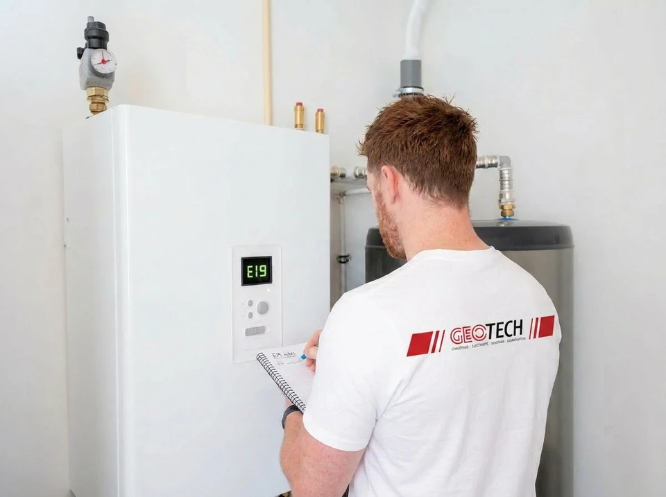 Photo professionnelle en chantier montrant un responsable ou artisan GEOTECH en gilet de chantier discutant avec un client ou coordinateur dans un int&eacute;rieur en r&eacute;novation. L'arri&egrave;re-plan doit montrer plusieurs types d'&eacute;quipements ou d'installations en cours (parties de chauffage, &eacute;lectricit&eacute;, sanitaire visibles), symboles des "multiples lots" g&eacute;r&eacute;s. La sc&egrave;ne doit transmettre confiance, professionnalisme, et simplicit&eacute; de communication entre l'entreprise et le client.