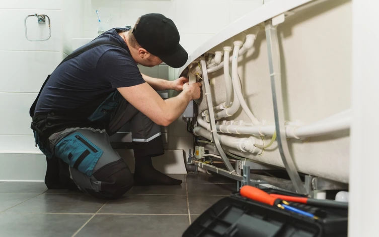Photographie montrant un technicien professionnel en uniforme GEOTECH (ou vêtement de travail identifiable) effectuant une intervention technique polyvalente. La scène pourrait montrer: soit un technicien travaillant sur une pompe à chaleur installée en extérieur ou en intérieur d'une maison, avec des éléments visuels suggérant d'autres compétences (panneau solaire visible, boîtier électrique, système de tuyauterie), soit plusieurs techniciens travaillant ensemble sur un chantier de rénovation ou construction neuve, illustrant la collaboration multi-métiers. L'image doit transmettre le professionnalisme, la polyvalence et la capacité à gérer des solutions complètes.
