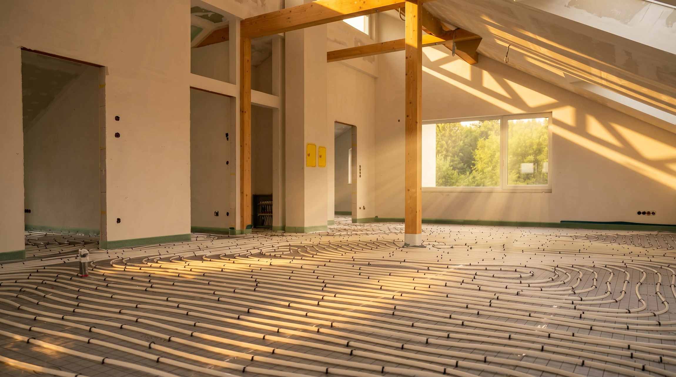 Ouvrier en combinaison installant un système de chauffage au sol dans une pièce en construction