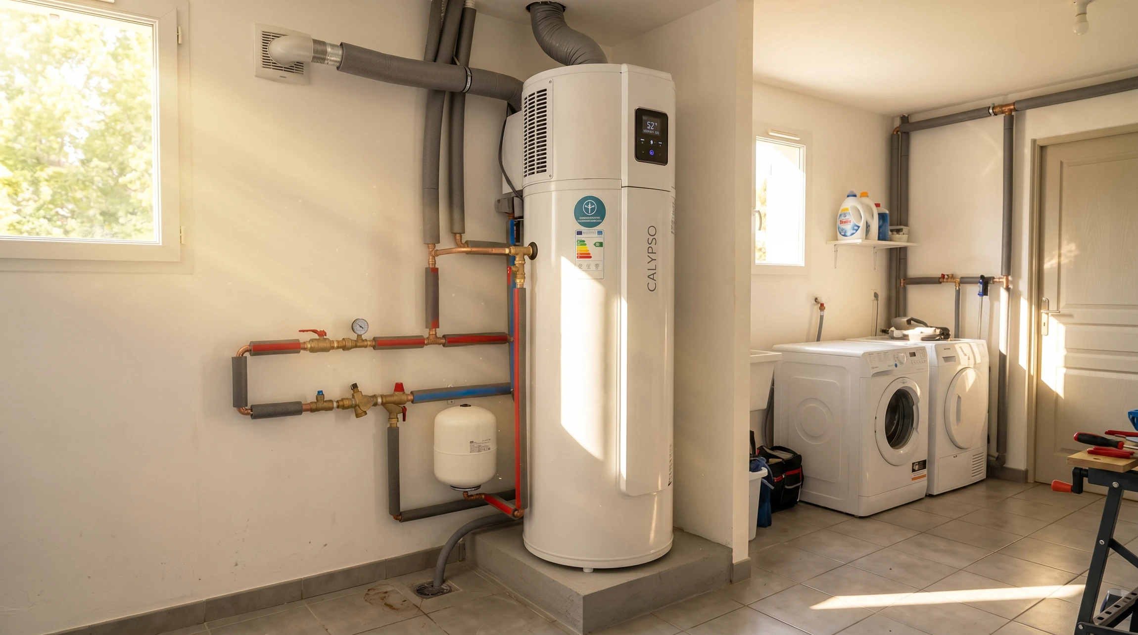 Plombier en casque jaune travaillant sur un collecteur de chauffage au sol dans un local technique